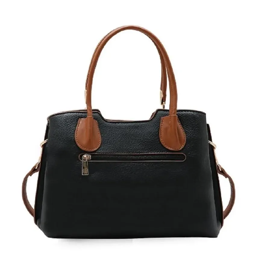 Bolsa feminina Chenson preta vista traseira com bolso externo e alças marrons